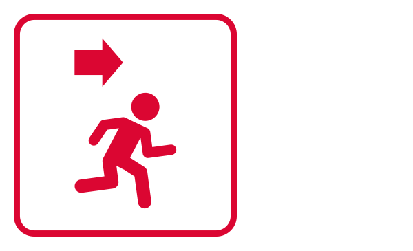 An outlined square contains an abstract icon and the silhouette of a person running from left to right. In the left top side of the square, there is an arrow pointing to the right. The association of these images connote an evacuation route and illustrates the Evacuation Procedures category of the emergency guidelines.