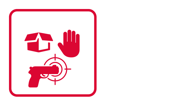 An outlined square contains abstract icons and silhouettes of an open cardboard box, an extended hand showing the palm, and a gun pointing to a target. The association of these images illustrates the Suspicious Package category of the emergency guidelines.