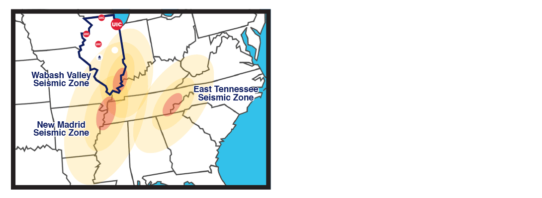 A map of the United States highlights the silhouette of the State of Illinois and shows a yellow gradient to illustrate the impact of the seismic zones 