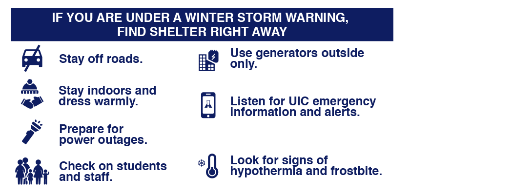 If You Are Under a Winter Storm Warning: Find Shelter Right Away. Stay off roads. Stay indoors and dress warmly. Prepare for power outages.  Check on neighbors. Use generators outside only. Listen for emergency information and alerts. Look for signs of hypothermia and frostbite.