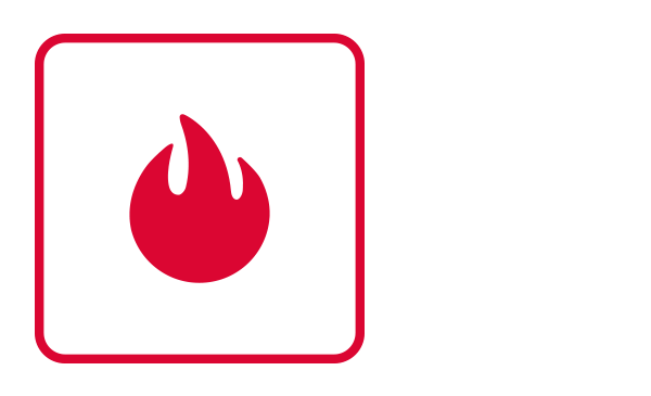 An outlined square contains well-known abstract icon and silhouette of a flame. It illustrates “Fire” from the category “Evacuation Procedures” of the emergency guidelines.