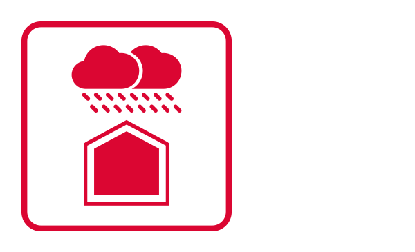 An outlined square contains a shape of a square with a triangle attached to the upper part that often connotes roofs, houses, or shelters. Above it there is the silhouette of clouds and rain. It connotes a situation of heavy raining. It illustrates “Severe Weather” from the category 