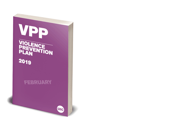 Render of a purple book that illustrates de document for the Violence Prevention Plan