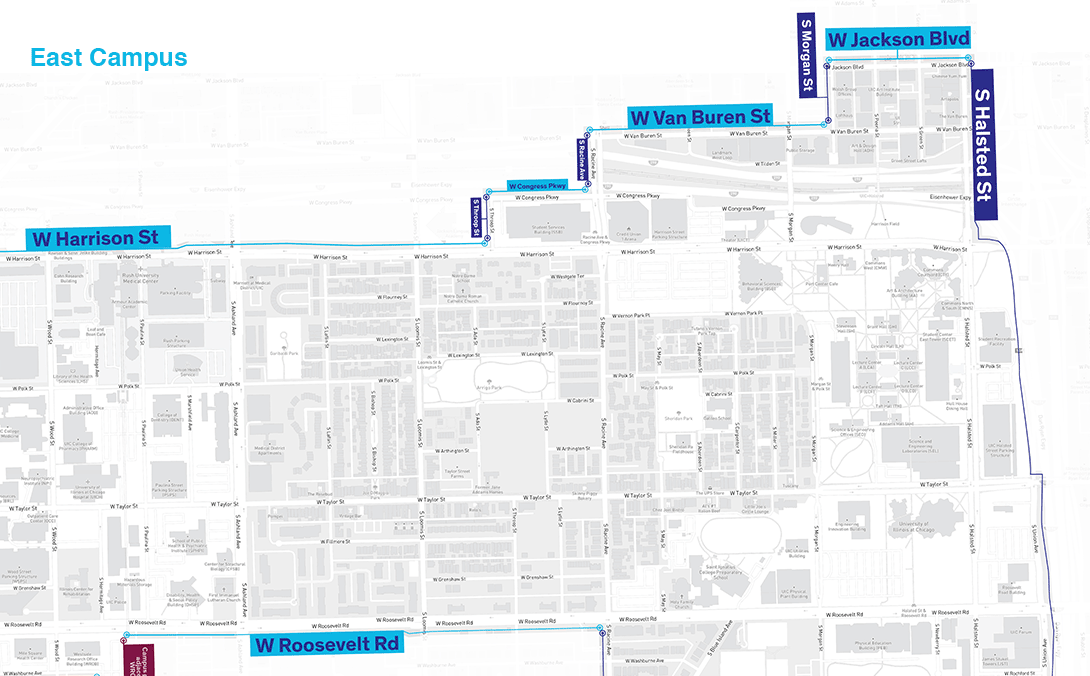 Digital map excerpt that illustrates the covering areas for East campus services like NightRide, Walking Safety Escort, and Police Virtual Escort