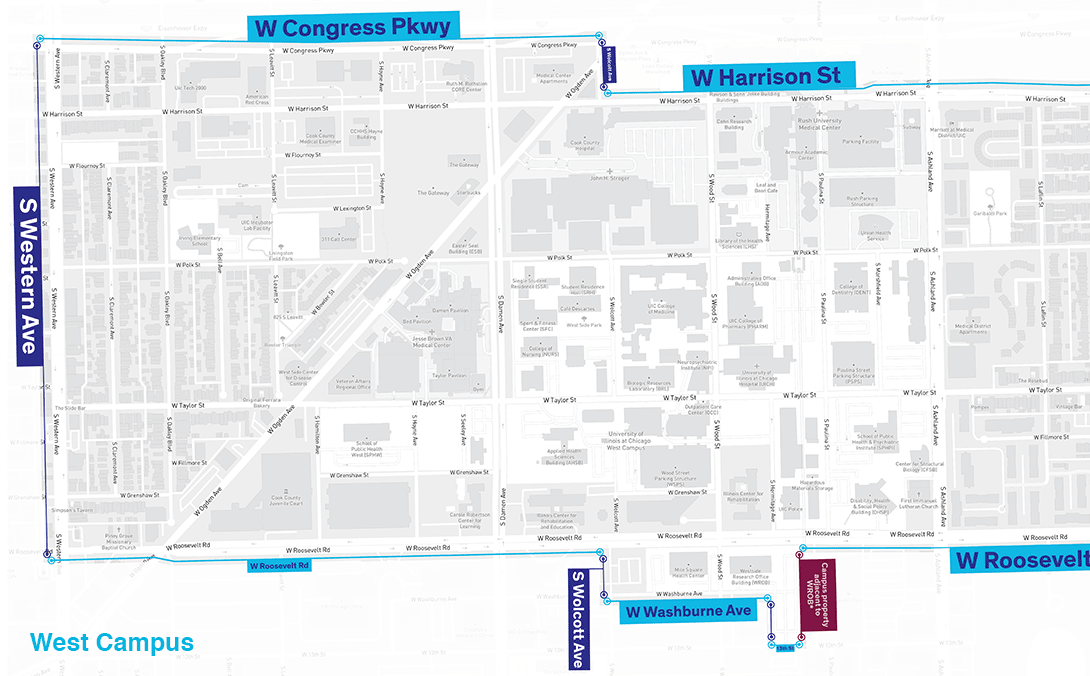 Digital map excerpt that illustrates the covering areas for West campus services like NightRide, Walking Safety Escort, and Police Virtual Escort