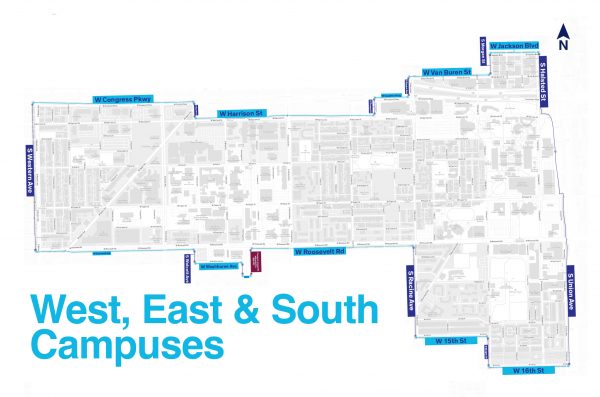 Digital Map illustrating the UIC West, East and South Campus Coverage Area