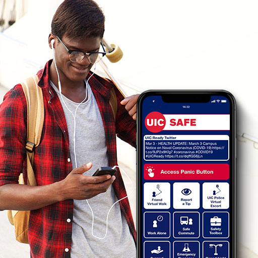 Decorative image. Two digital phone renders showing different screen shots of the UIC SAFE: Home screen and Student Resources. A light blue circle on the top highlight the text 