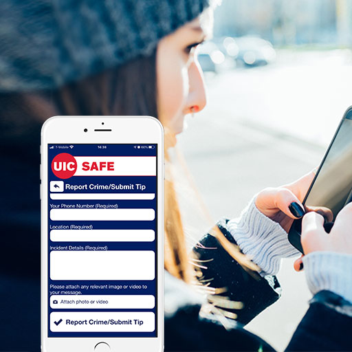 Decorative image. A student is reporting something suspicious through the UIC SAFE App