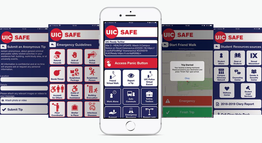 Render of several screens from the UIC SAFE APP