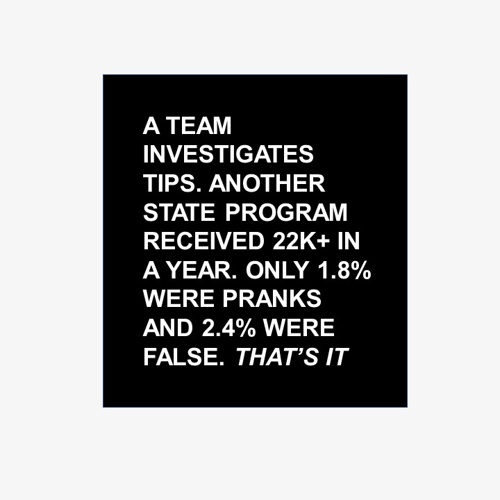 Highlight image reads: A TEAM INVESTIGATES TIPS. ANOTHER STATE PROGRAM RECEIVED 22K+ IN A YEAR. ONLY 1.8%  WERE PRANKS AND 2.4% WERE FALSE. THAT’S IT