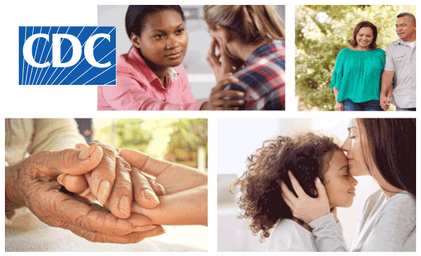CDC logo in front of different images that connote care and prevention among the community. The image is extracted