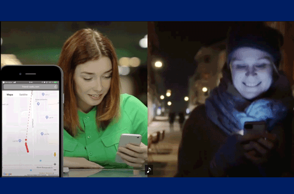 A female friend is at the library virtually monitoring her female friend walking at night heading home using the UIC SAFE App