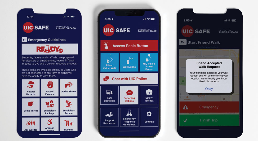 Render of several screens from the UIC SAFE APP