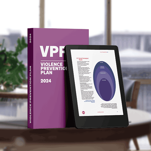 Digital render of a book representing the Violence Prevention Plan
