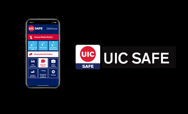 UIC SAFE App home page screenshot. A male Student holds a phone