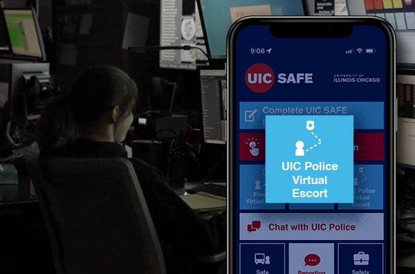 The UIC Police dispatcher is monitoring the screen with an active UIC Police Virtual Escort