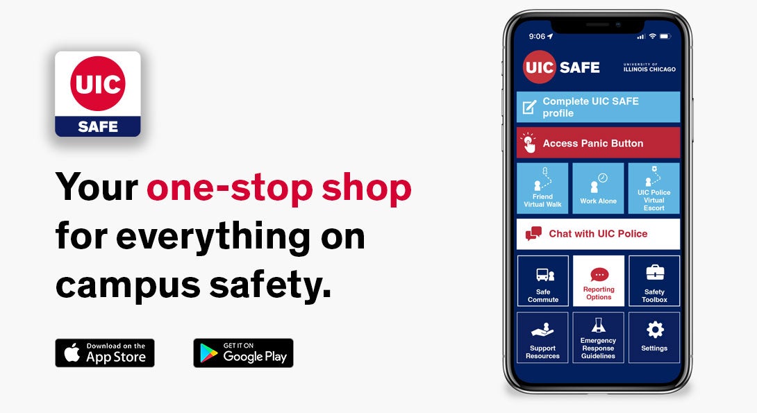 UIC SAFE APP icon showing the App Store logo and the Google Play logo