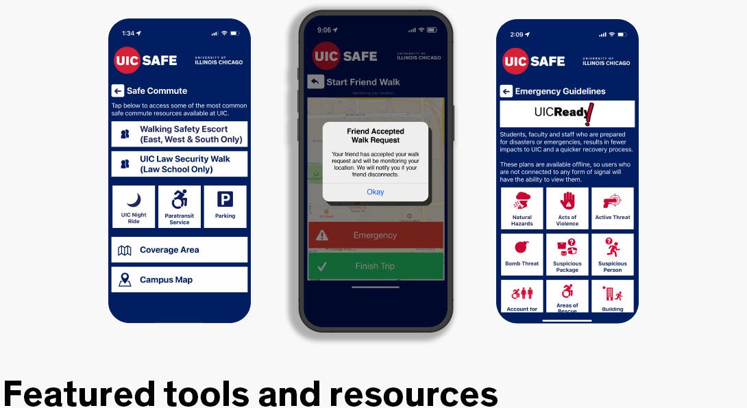 Render of several screens from the UIC SAFE APP