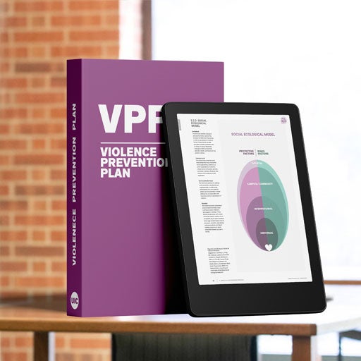 Digital render of a book representing the Violence Prevention Plan