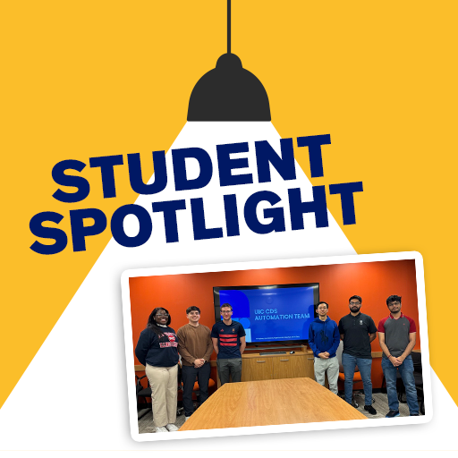 6 Students standing in front of a TV screen. A vectorized lamp icon and the words