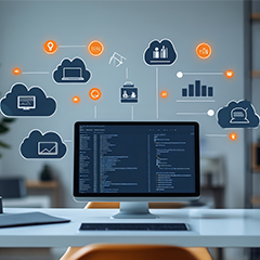 a computer with virtual clouds around it to represent different types of support